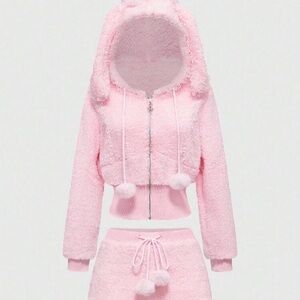 Pink Fuzzy Hoodie and Shorts Set